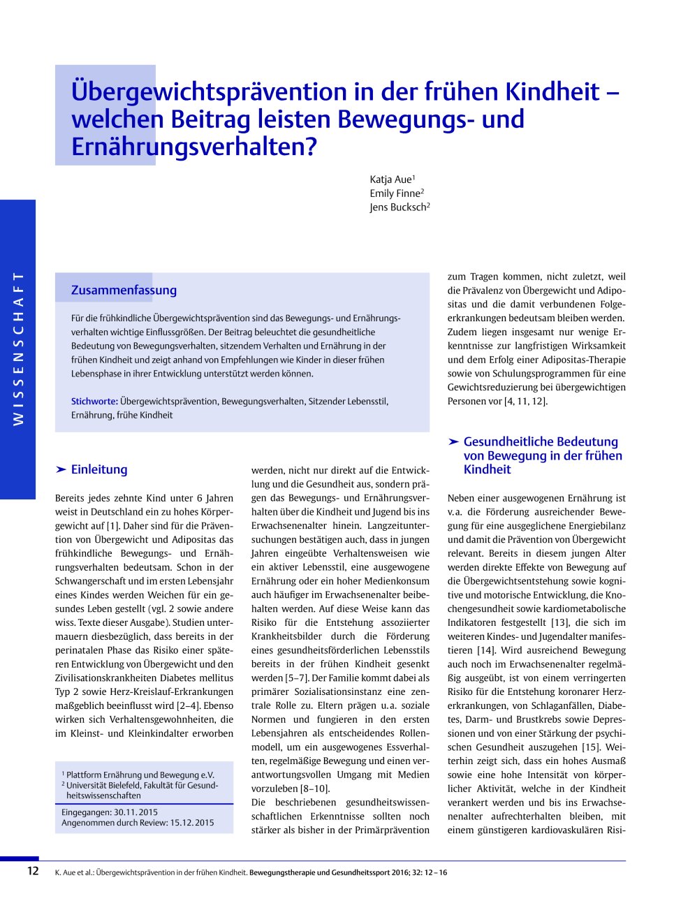 Vorschauseite 1: Übergewichtsprävention in der frühen Kindheit – welchen Beitrag leisten Bewegungsund Ernährungsverhalten?