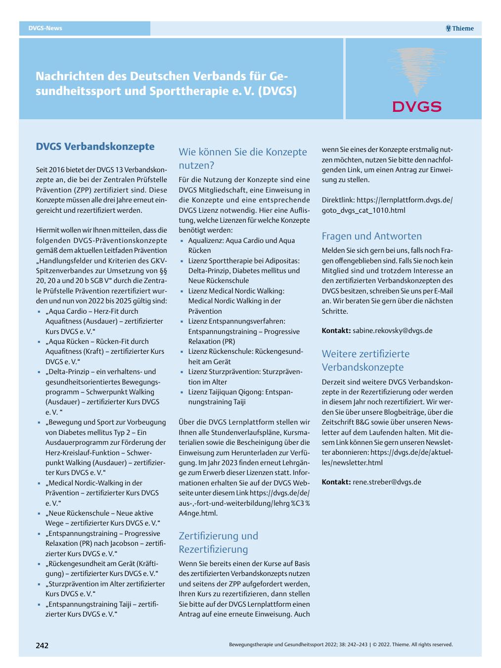 Vorschauseite 1: Nachrichten des Deutschen Verbands für Gesundheitssport und Sporttherapie e. V. (DVGS)