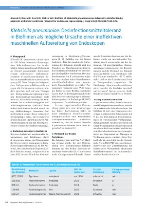 Vorschauseite 1: Klebsiella pneumoniae: Desinfektionsmitteltoleranz in Biofilmen als mögliche Ursache einer ine! ektiven maschinellen Au"ereitung von Endoskopen