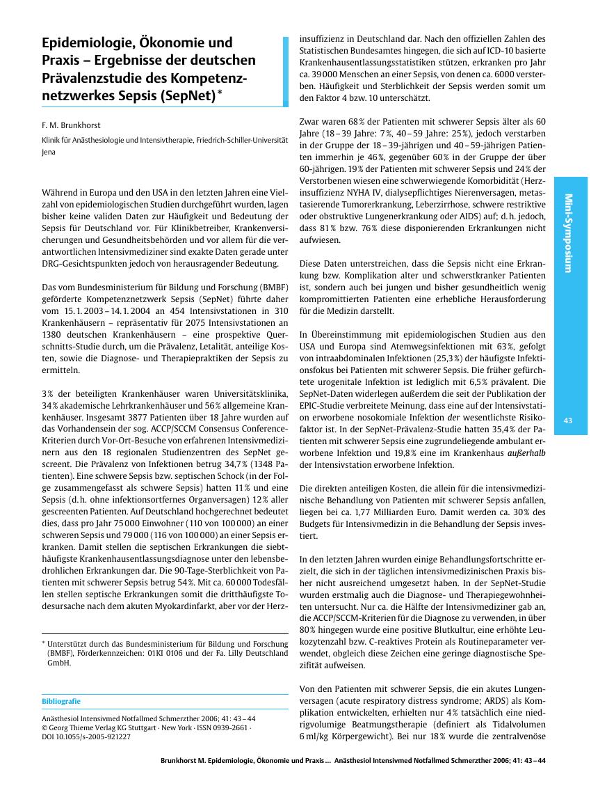 Vorschauseite 1: Epidemiologie, Ökonomie und Praxis - Ergebnisse der deutschen Prävalenzstudie des Kompetenznetzwerkes Sepsis (SepNet)