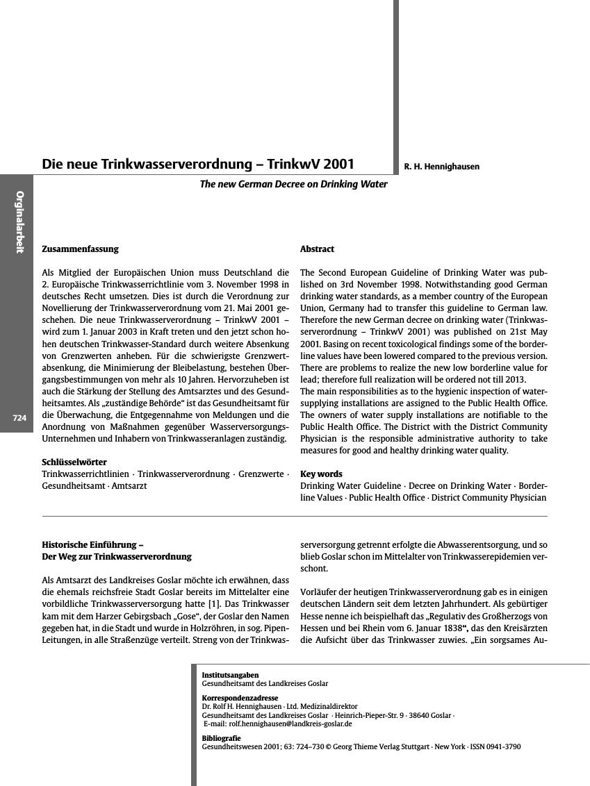 Vorschauseite 1: Die neue Trinkwasserverordnung - TrinkwV 2001