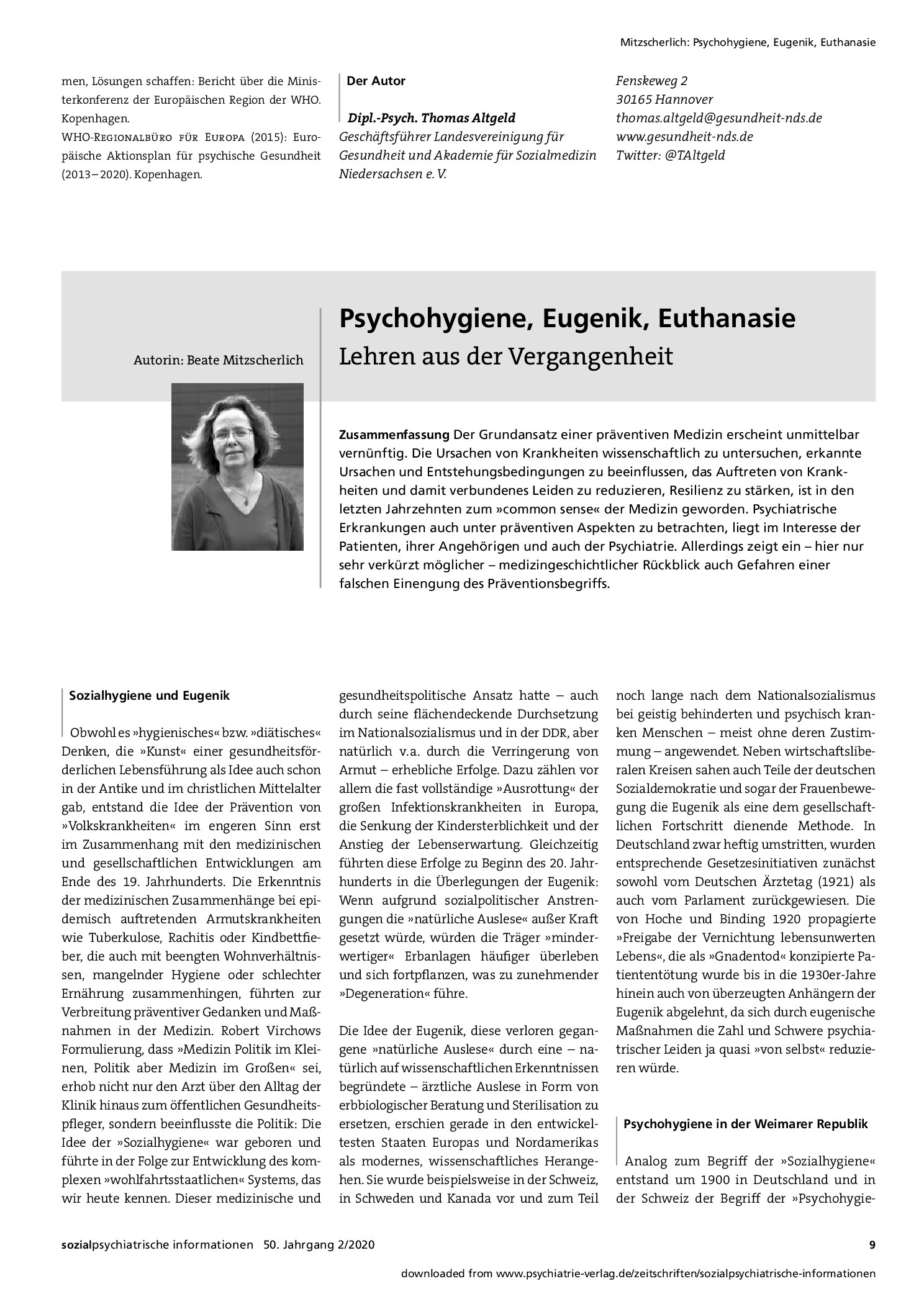 Vorschauseite 1: Psychohygiene, Eugenik, Euthanasie. Lehren aus der Vergangenheit