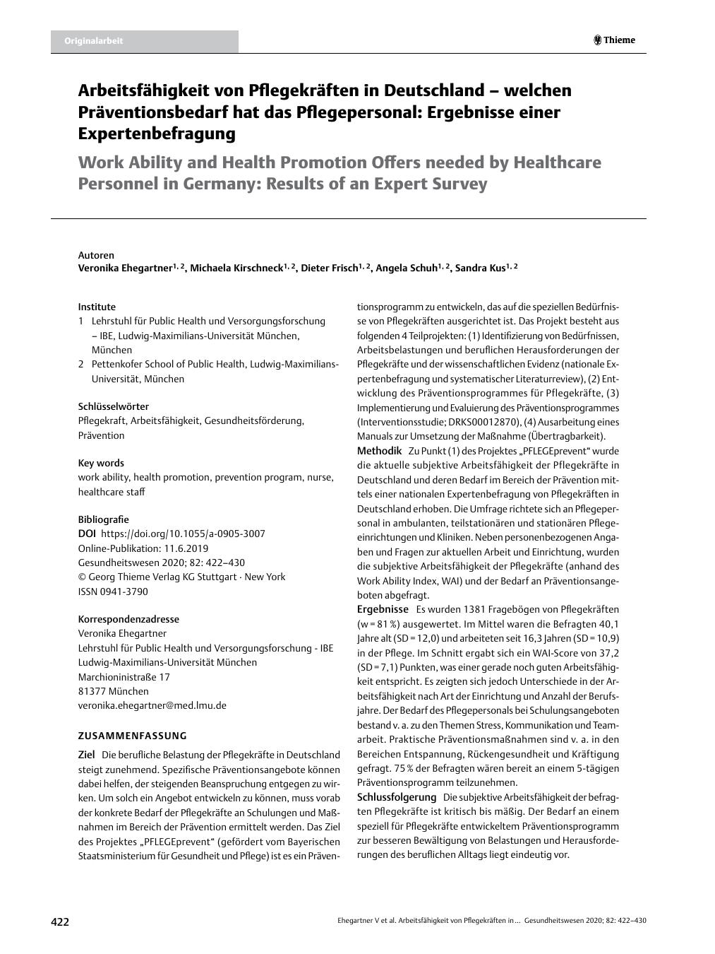 Vorschauseite 1: Arbeitsfähigkeit von Pflegekräften in Deutschland – welchen Präventionsbedarf hat das Pflegepersonal: Ergebnisse einer Expertenbefragung