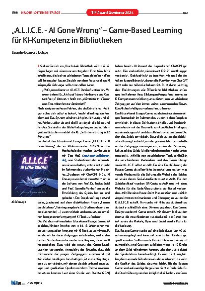 Vorschauseite 1: „A.L.I.C.E. - AI Gone Wrong“ – Game-Based Learning für KI-Kompetenz in Bibliotheken