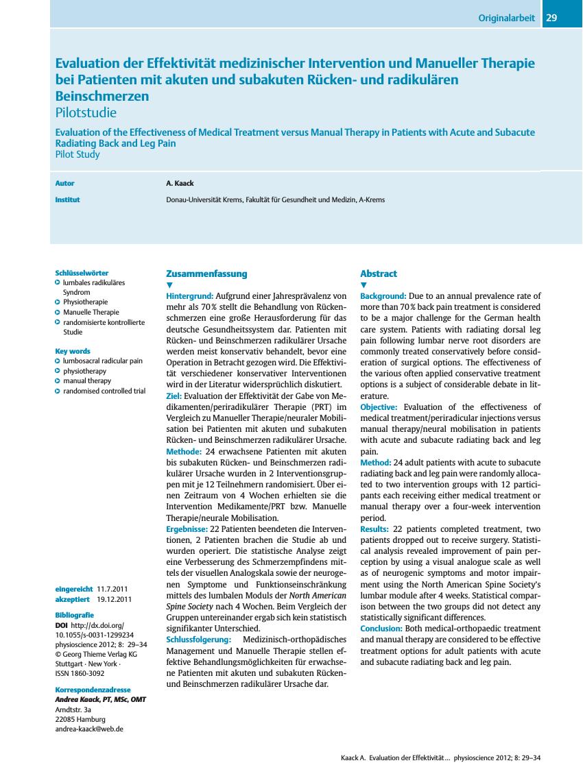 Vorschauseite 1: Evaluation der Effektivität medizinischer Intervention und Manueller Therapie bei Patienten mit akuten und subakuten Rückenund radikulären Beinschmerzen