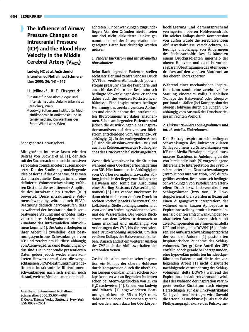 Vorschauseite 1: The Influence of Airway Pressure Changes on Intracranial Pressure (ICP) and the Blood Flow Velocity in the Middle Cerebral Artery (VMCA)