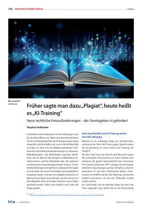 Vorschauseite 1: Früher sagte man dazu „Plagiat“, heute heißt es „KI-Training“ Neue rechtliche Herausforderungen – der Gesetzgeber ist gefordert