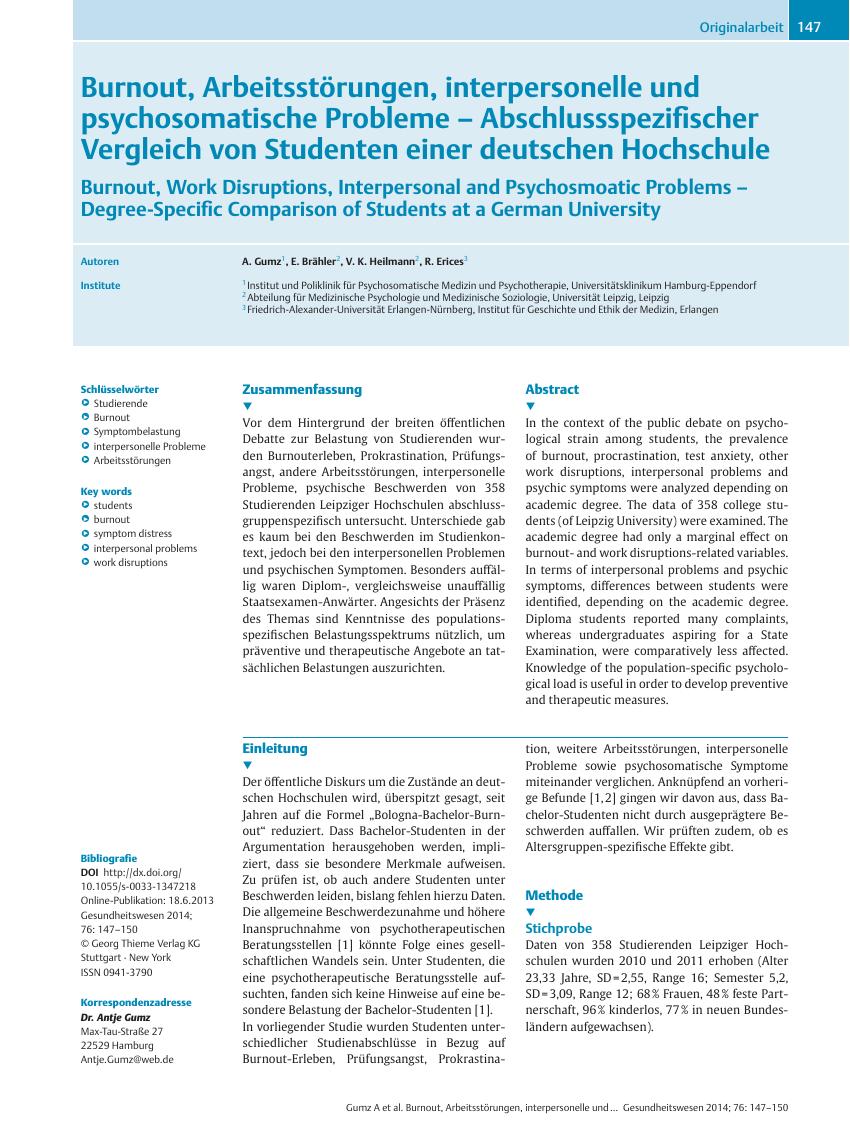 Vorschauseite 1: Burnout, Arbeitsstörungen, interpersonelle und psychosomatische Probleme? Abschlussspezifischer Vergleich von Studenten einer deutschen Hochschule