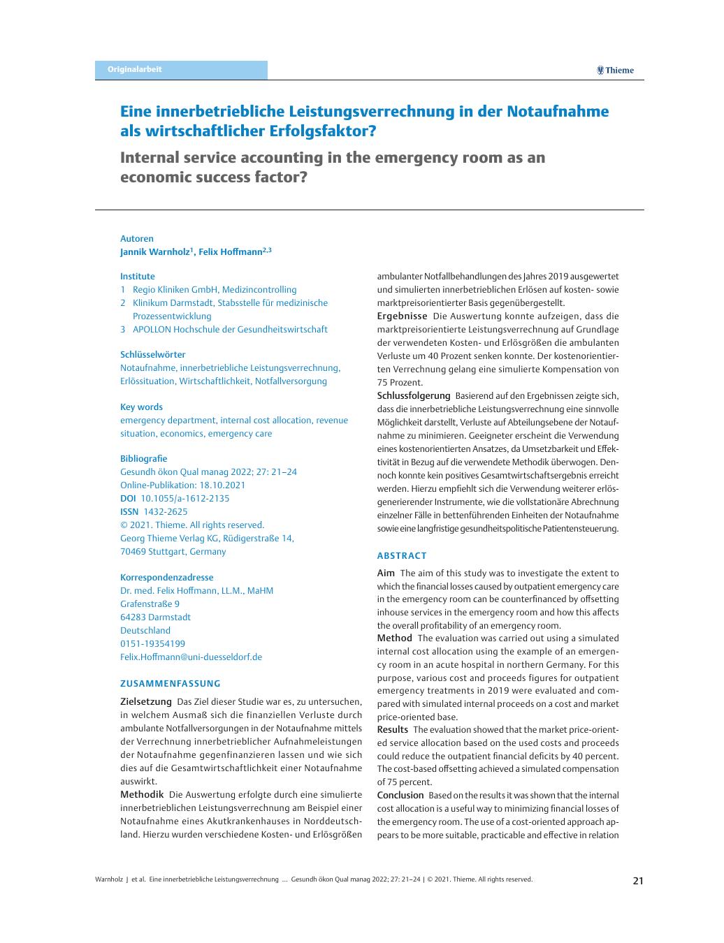 Vorschauseite 1: Eine innerbetriebliche Leistungsverrechnung in der Notaufnahme als wirtschaftlicher Erfolgsfaktor?