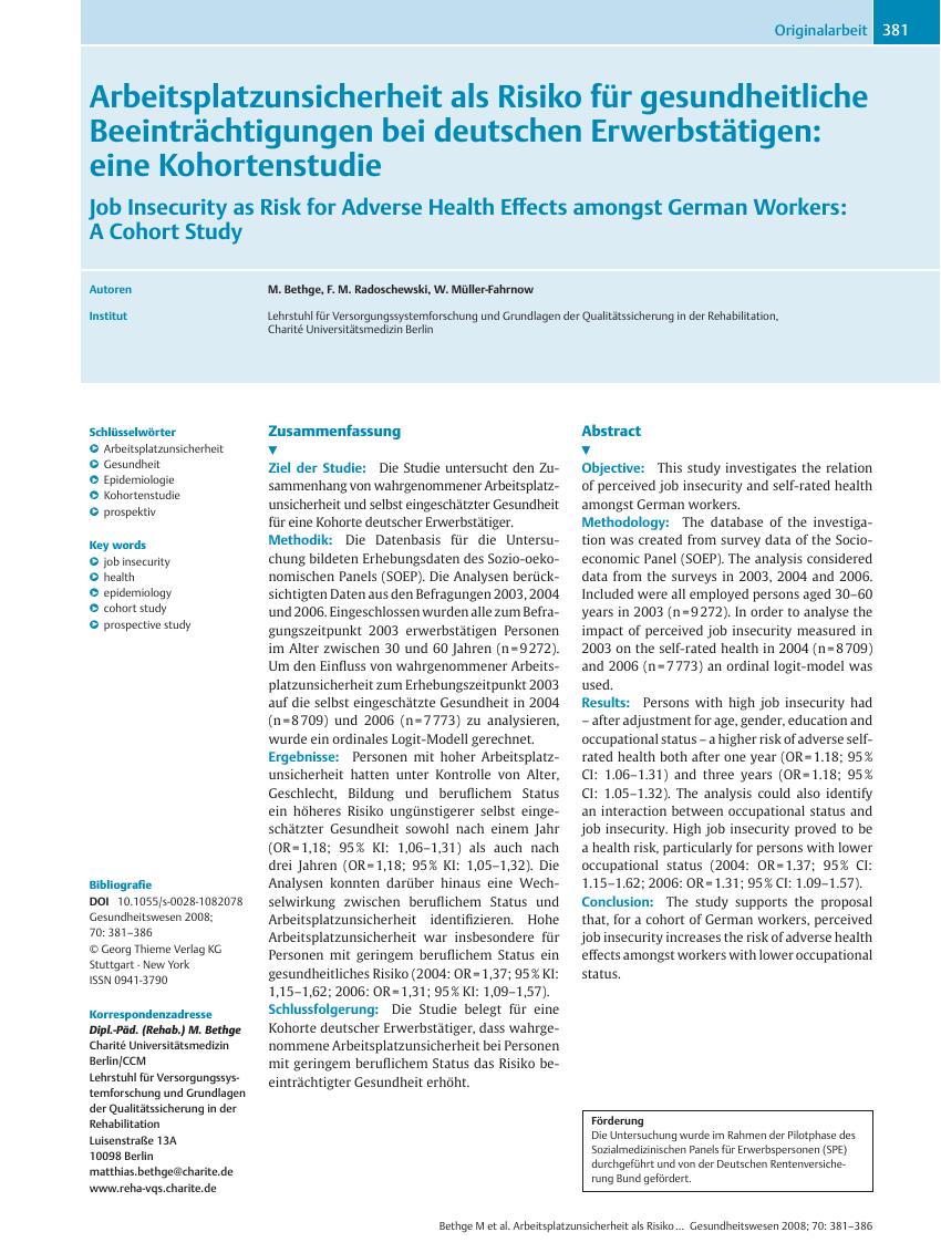 Vorschauseite 1: Arbeitsplatzunsicherheit als Risiko für gesundheitliche Beeinträchtigungen bei deutschen Erwerbstätigen: eine Kohortenstudie