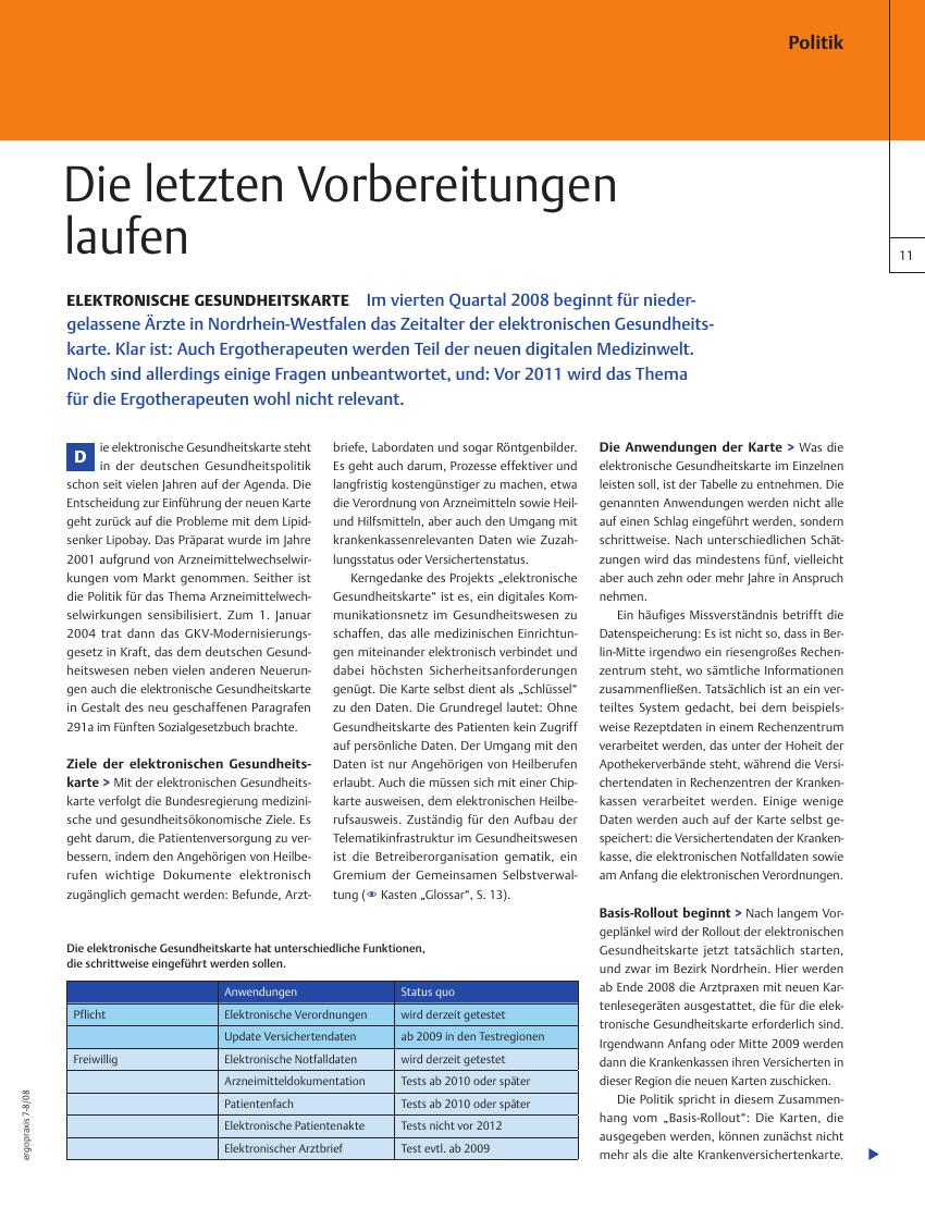 Vorschauseite 1: Elektronische Gesundheitskarte ? Die letzten Vorbereitungen laufen