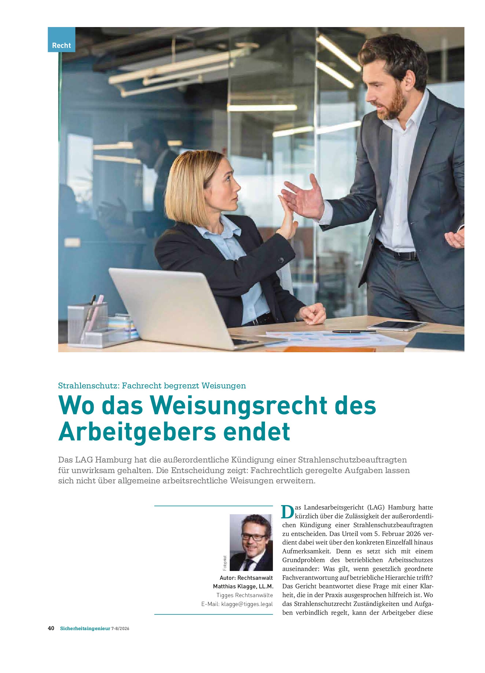 Vorschauseite 1: Strahlenschutz: Fachrecht begrenzt Weisungen – Wo das Weisungsrecht des Arbeitgebers endet