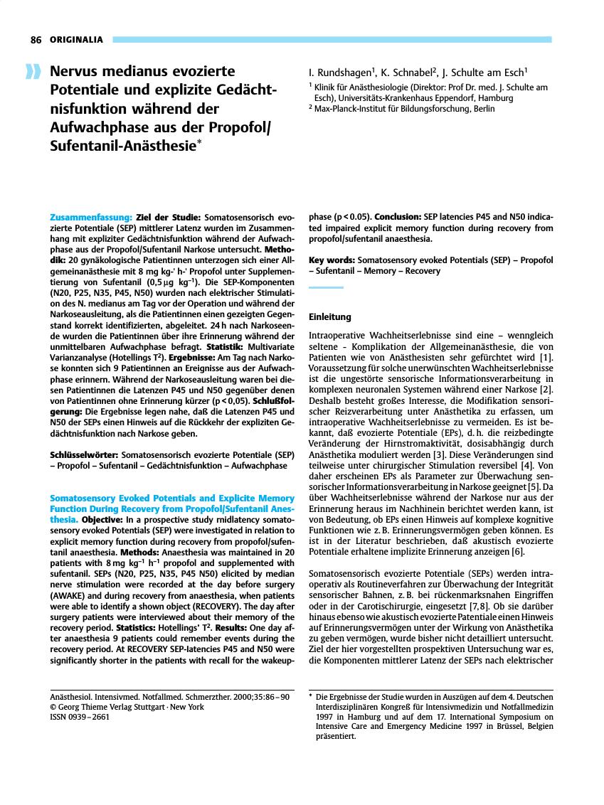 Vorschauseite 1: Nervus medianus evozierte Potentiale und explizite Gedächtnisfunktion während der Aufwachphase aus der Propofol/ Sufentanil-Anästhesie