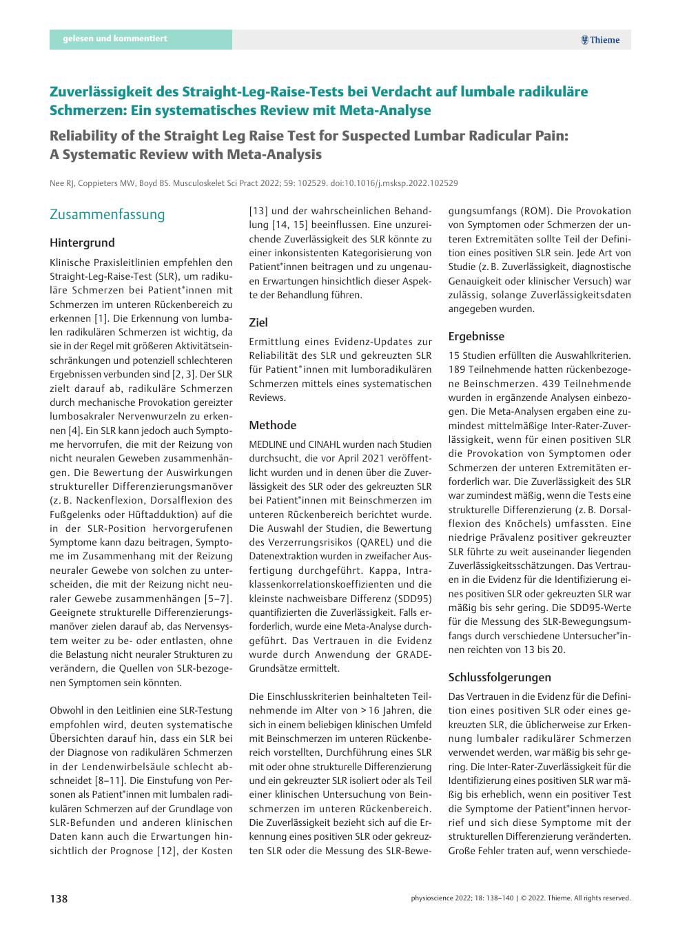 Vorschauseite 1: Zuverlässigkeit des Straight-Leg-Raise-Tests bei Verdacht auf lumbale radikuläre Schmerzen: Ein systematisches Review mit Meta-Analyse