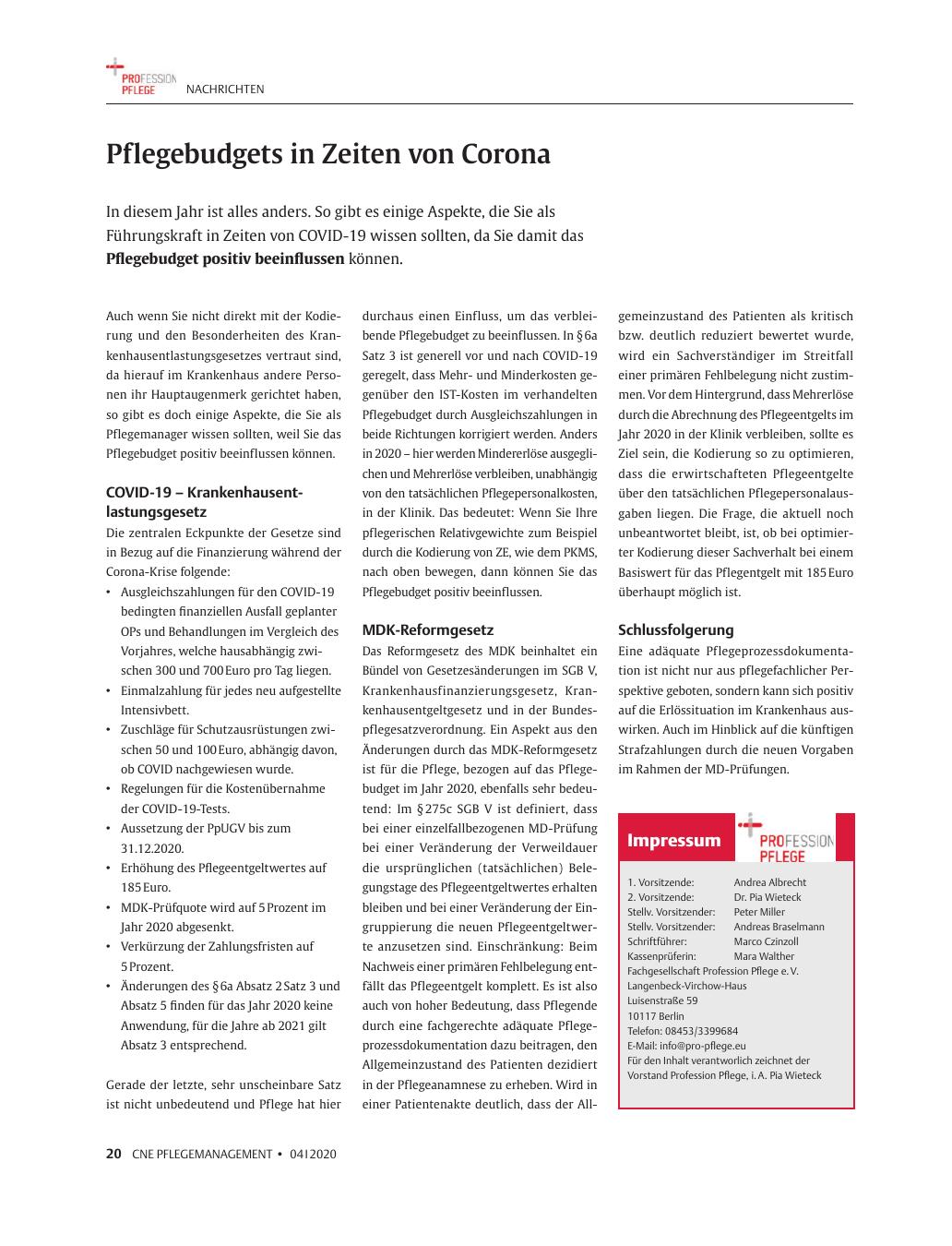 Vorschauseite 1: Pflegebudgets in Zeiten von Corona
