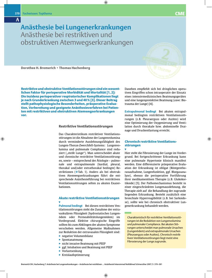Vorschauseite 1: Anästhesie bei restriktiven und obstruktiven Atemwegserkrankungen