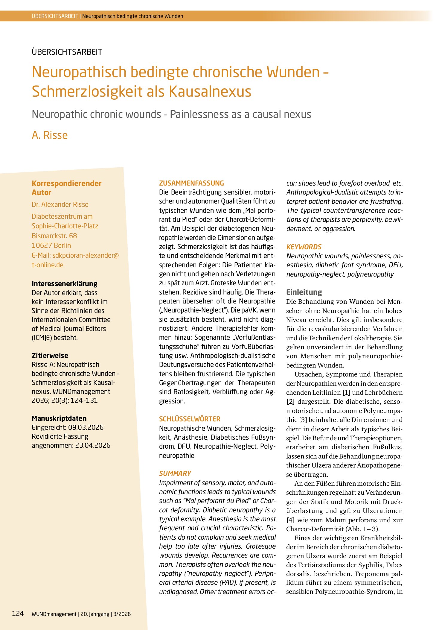 Vorschauseite 1: Neuropathisch bedingte chronische Wunden – Schmerzlosigkeit als Kausalnexus