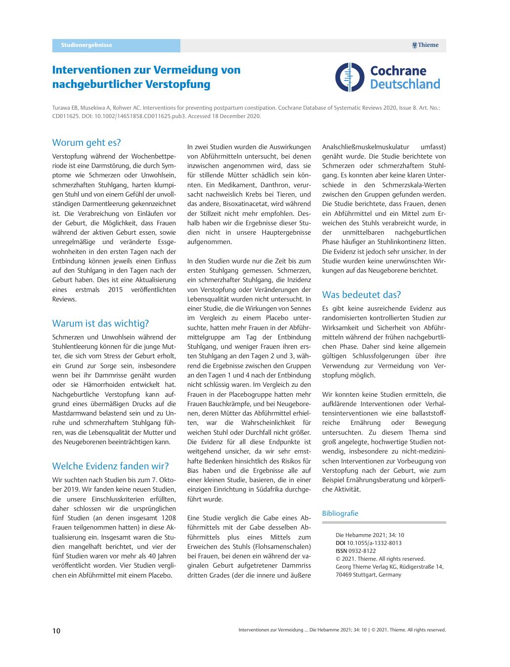 Vorschauseite 1: Interventionen zur Vermeidung von nachgeburtlicher Verstopfung