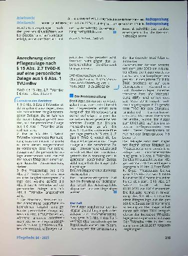 Vorschauseite 1: Anrechnung einer Pflegezulage nach § 15 Abs. 2. 7 TVöD-K auf eine persönliche Zulage aus § 6 Abs. 1 TVUmBw