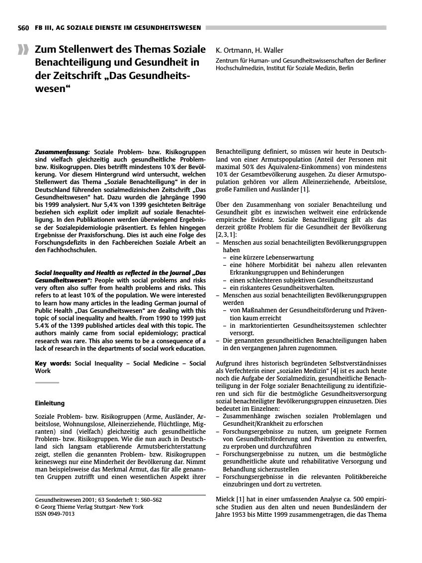 Vorschauseite 1: Zum Stellenwert des Themas Soziale Benachteiligung und Gesundheit in der Zeitschrift „Das Gesundheitswesen”