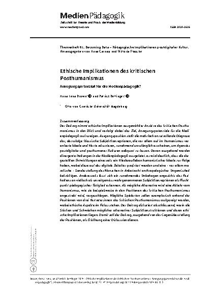 Vorschauseite 1: Ethische Implikationen des kritischen Posthumanismus - Anregungspotenzial für die Medienpädagogik?