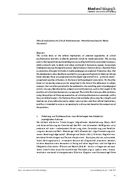 Vorschauseite 2: Ethische Implikationen des kritischen Posthumanismus - Anregungspotenzial für die Medienpädagogik?