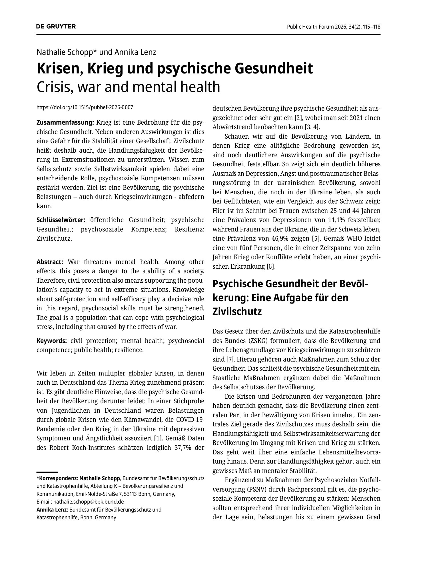 Vorschauseite 1: Krisen, Krieg und psychische Gesundheit