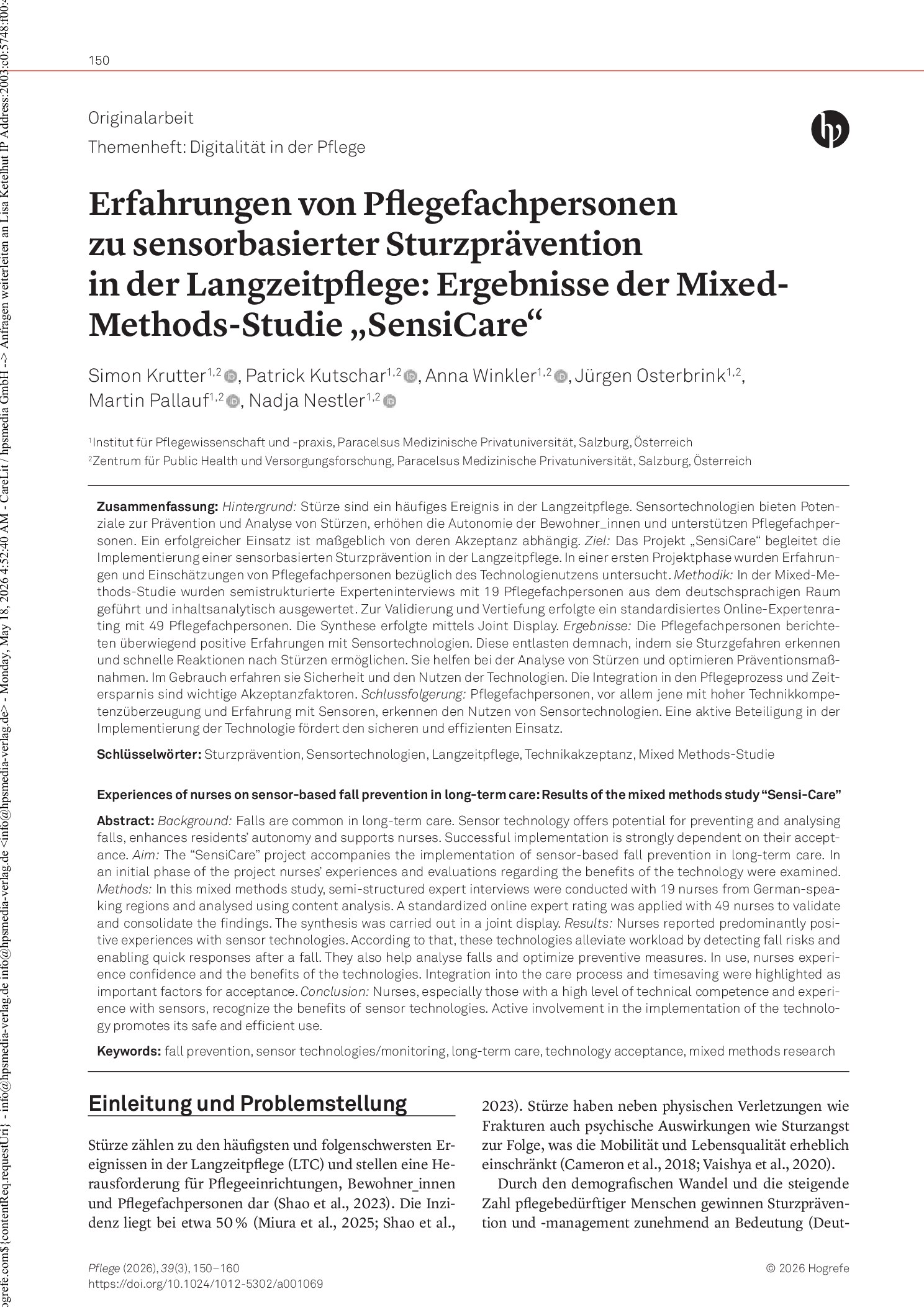 Vorschauseite 1: Erfahrungen von Pflegefachpersonen zu sensorbasierter Sturzprävention in der Langzeitpflege: Ergebnisse der Mixed-Methods-Studie „SensiCare“
