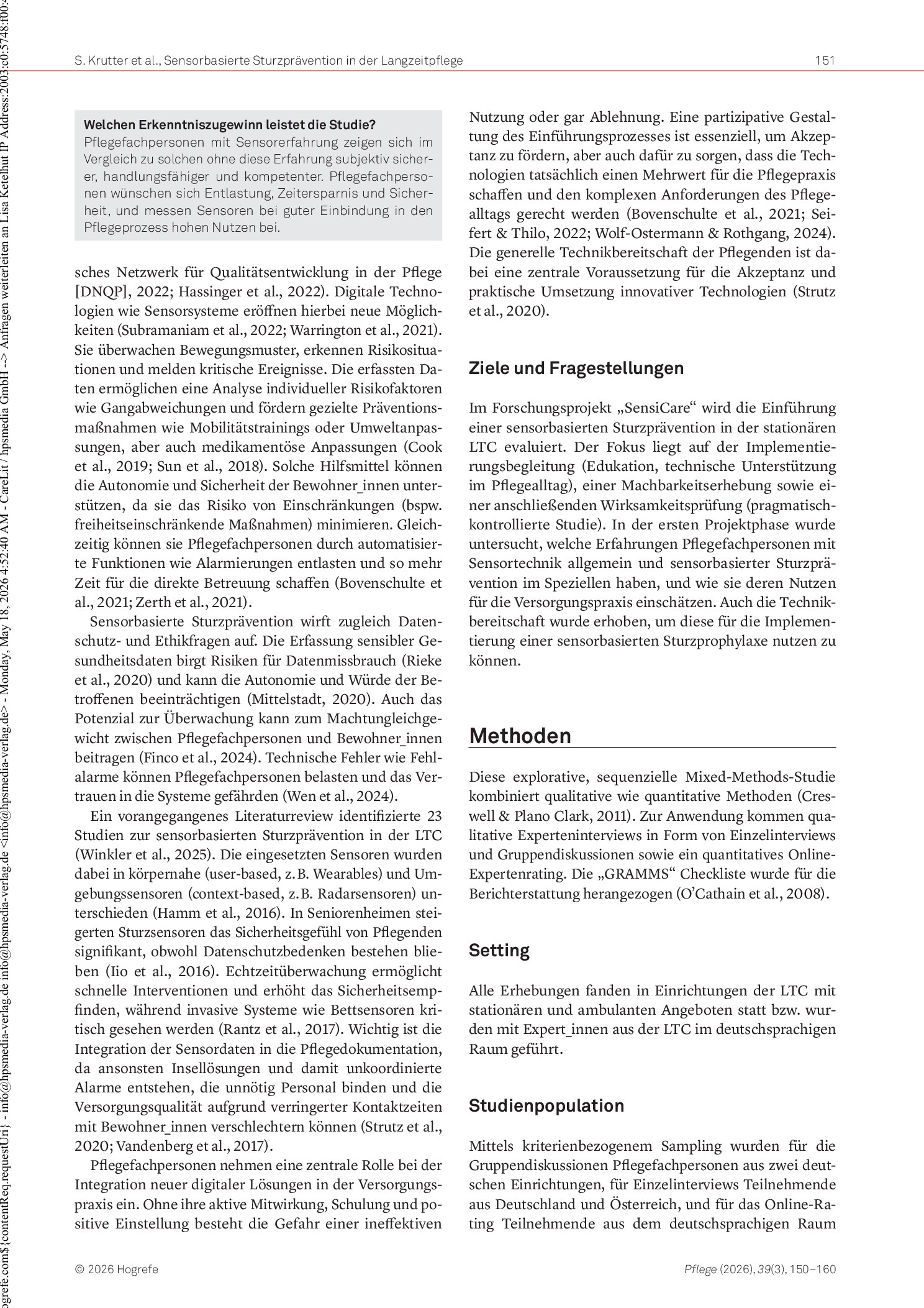 Vorschauseite 2: Erfahrungen von Pflegefachpersonen zu sensorbasierter Sturzprävention in der Langzeitpflege: Ergebnisse der Mixed-Methods-Studie „SensiCare“