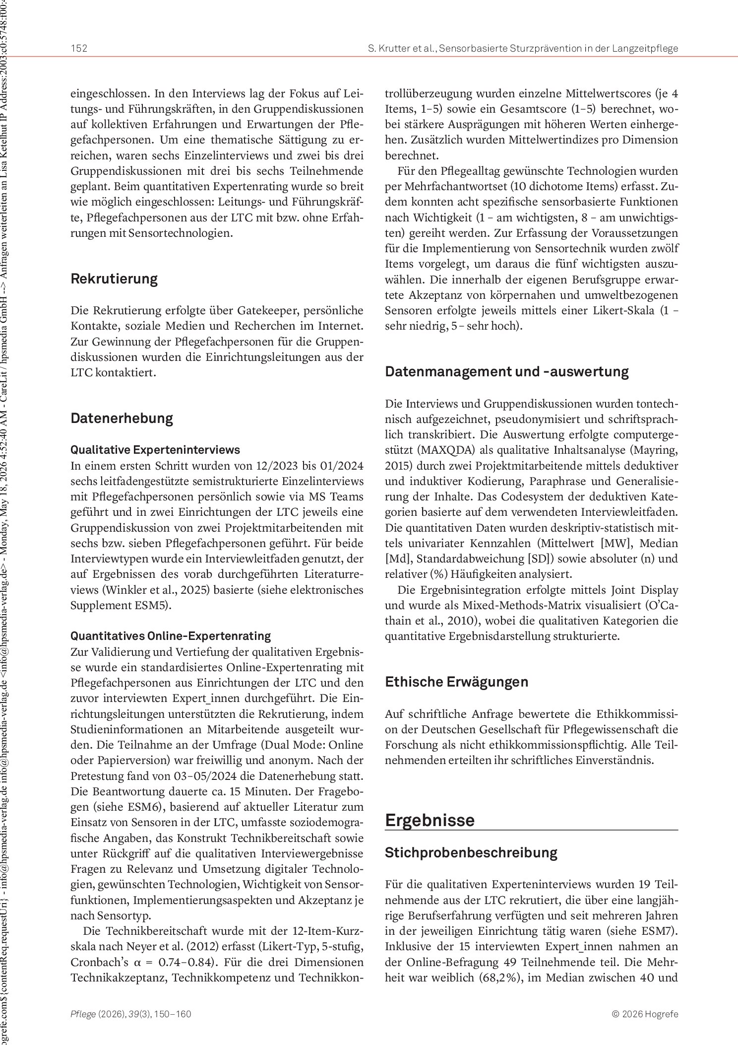 Vorschauseite 3: Erfahrungen von Pflegefachpersonen zu sensorbasierter Sturzprävention in der Langzeitpflege: Ergebnisse der Mixed-Methods-Studie „SensiCare“