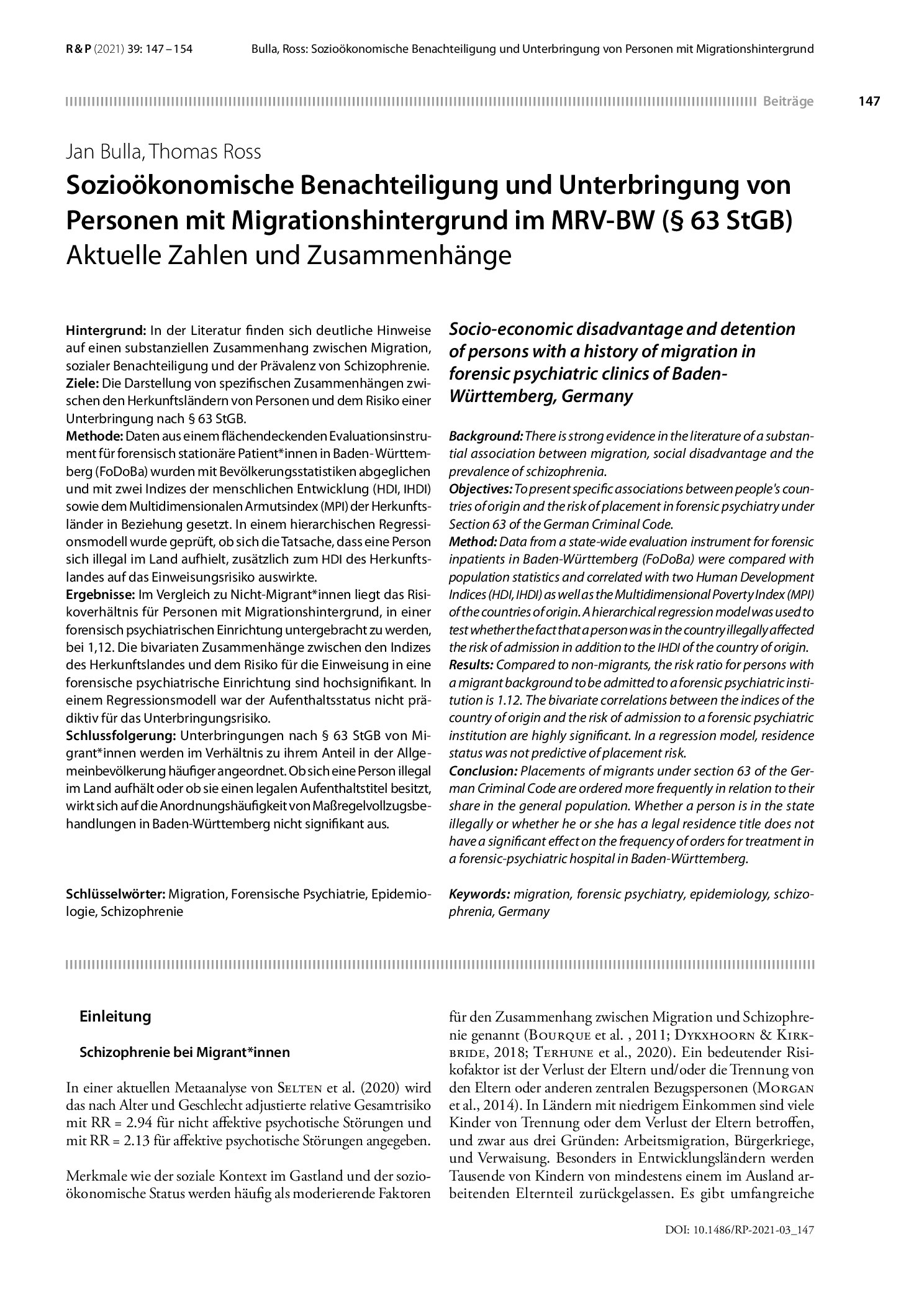 Vorschauseite 1: Sozioökonomische Benachteiligung und Unterbringung von Personen mit Migrationshintergrund im MRV-BW (§ 63 StGB): Aktuelle Zahlen und Zusammenhänge