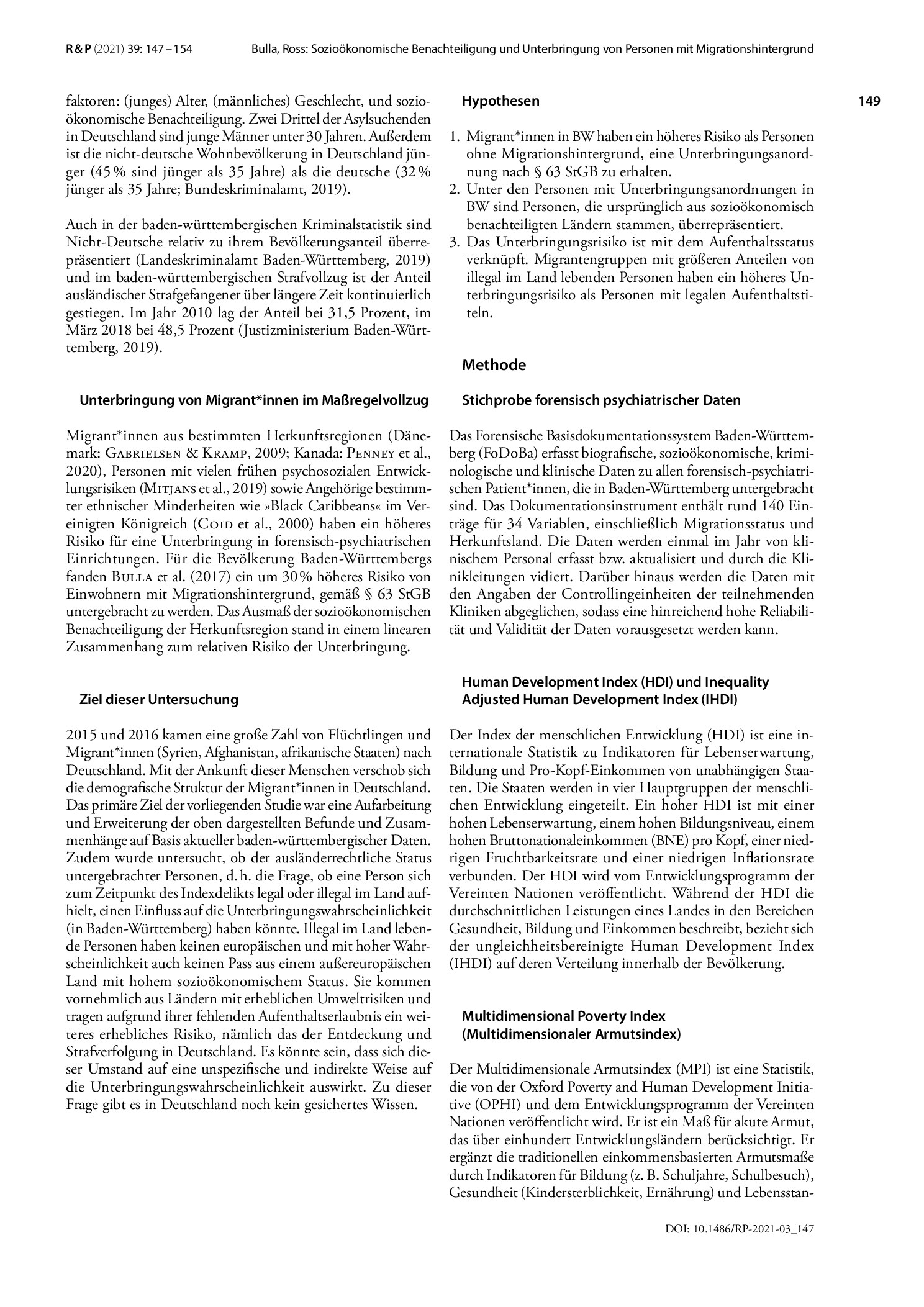 Vorschauseite 3: Sozioökonomische Benachteiligung und Unterbringung von Personen mit Migrationshintergrund im MRV-BW (§ 63 StGB): Aktuelle Zahlen und Zusammenhänge