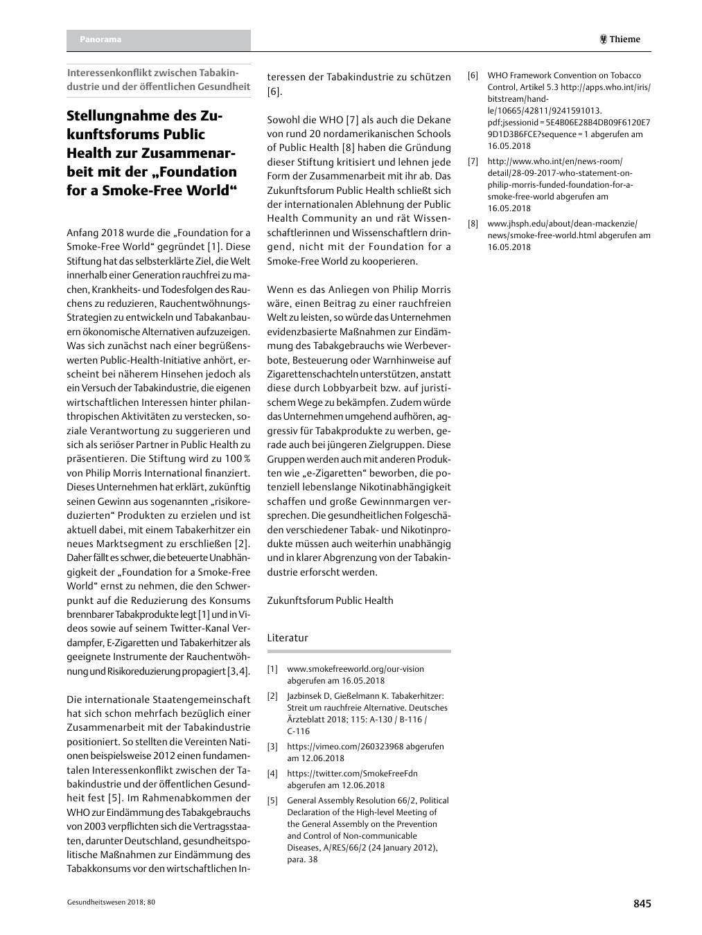 Vorschauseite 1: Stellungnahme des Zukunftsforums Public Health zur Zusammenarbeit mit der? Foundation for a Smoke-Free World?
