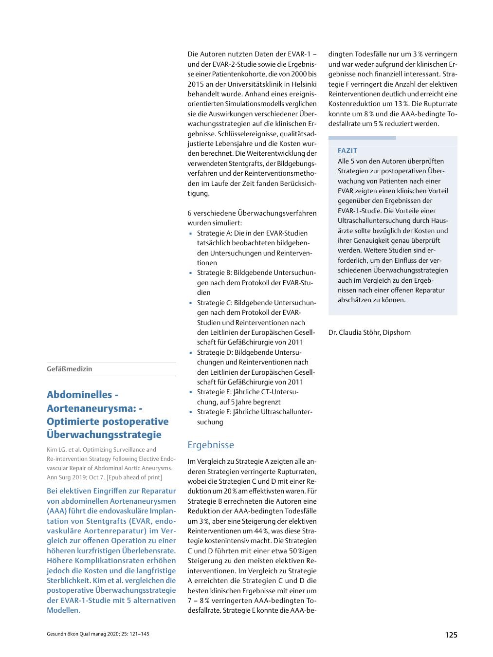 Vorschauseite 1: Gefäßmedizin - Abdominelles Aortenaneurysma: - Optimierte postoperative Überwachungsstrategie