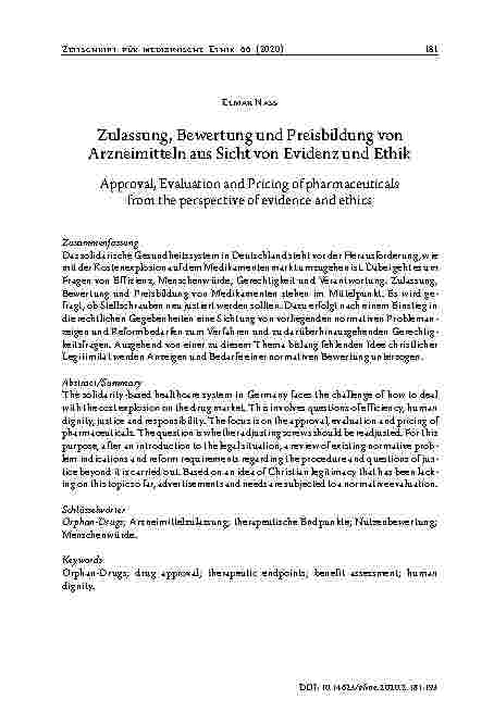 Vorschauseite 1: Zulassung, Bewertung und Preisbildung von Arzneimitteln aus Sicht von Evidenz und Ethik