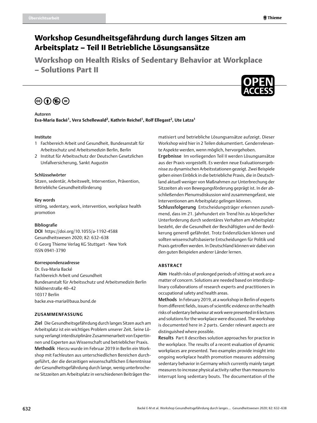 Vorschauseite 1: Workshop Gesundheitsgefährdung durch langes Sitzen am Arbeitsplatz – Teil II Betriebliche Lösungsansätze