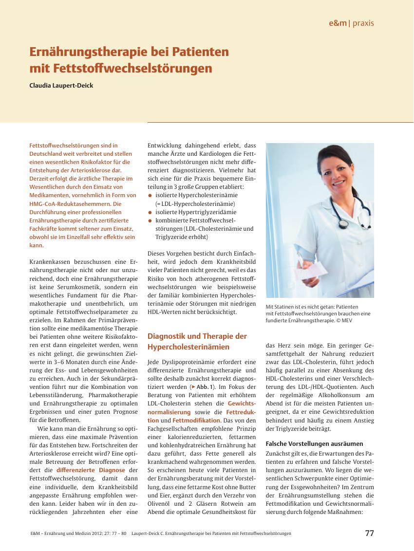 Vorschauseite 1: Ernährungstherapie bei Patienten mit Fettstoffwechselstörungen