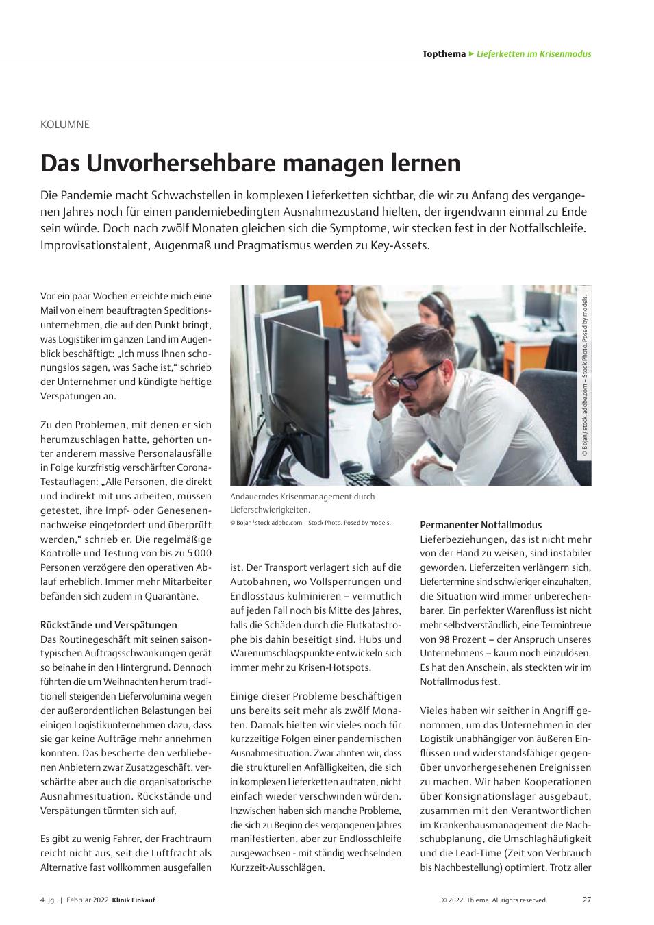 Vorschauseite 1: Kolumne: Das Unvorhersehbare managen lernen