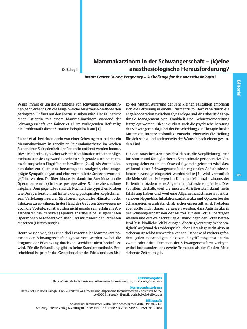 Vorschauseite 1: Mammakarzinom in der Schwangerschaft - (k)eine anästhesiologische Herausforderung?