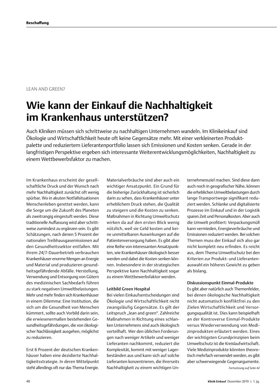 Vorschauseite 1: Lean and Green?: Wie kann der Einkauf die Nachhaltigkeit im Krankenhaus unterstützen?