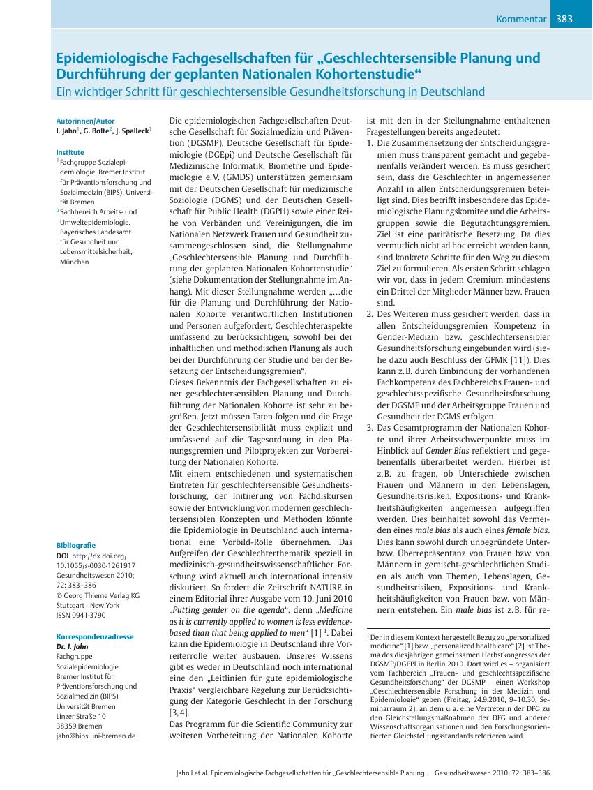 Vorschauseite 1: Epidemiologische Fachgesellschaften für „Geschlechtersensible Planung und Durchführung der geplanten Nationalen Kohortenstudie”