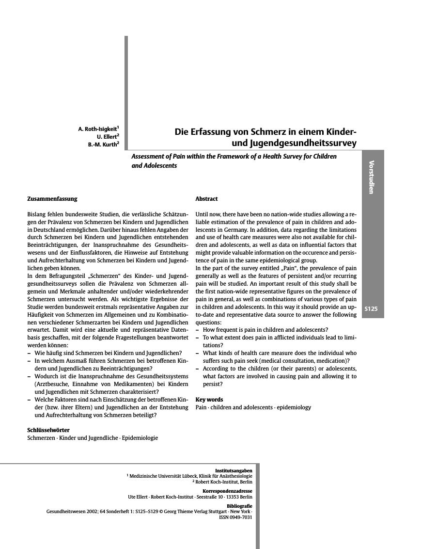 Vorschauseite 1: Die Erfassung von Schmerz in einem Kinderund Jugendgesundheitssurvey