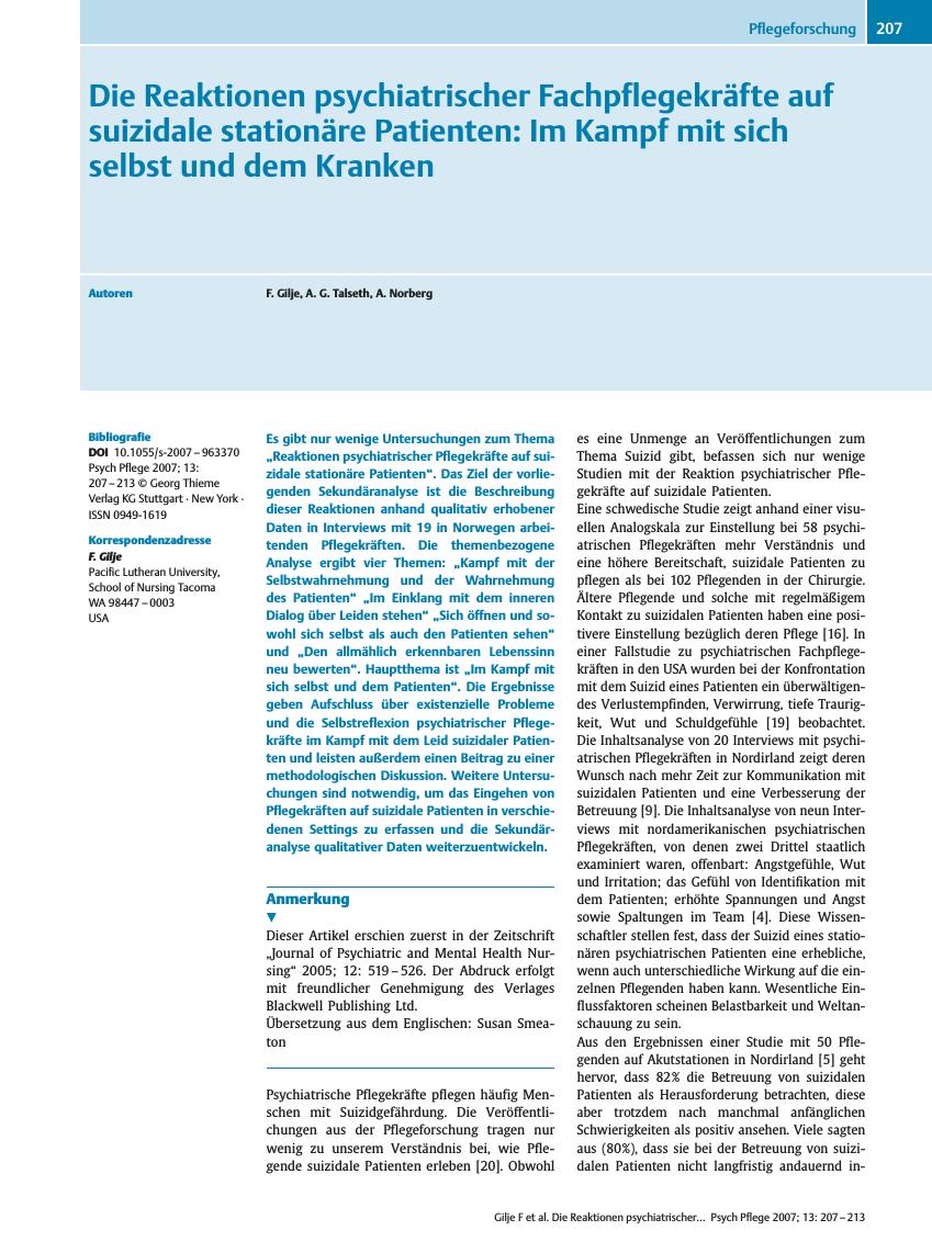 Vorschauseite 1: Die Reaktionen psychiatrischer Fachpflegekräfte auf suizidale stationäre Patienten: Im Kampf mit sich selbst und dem Kranken