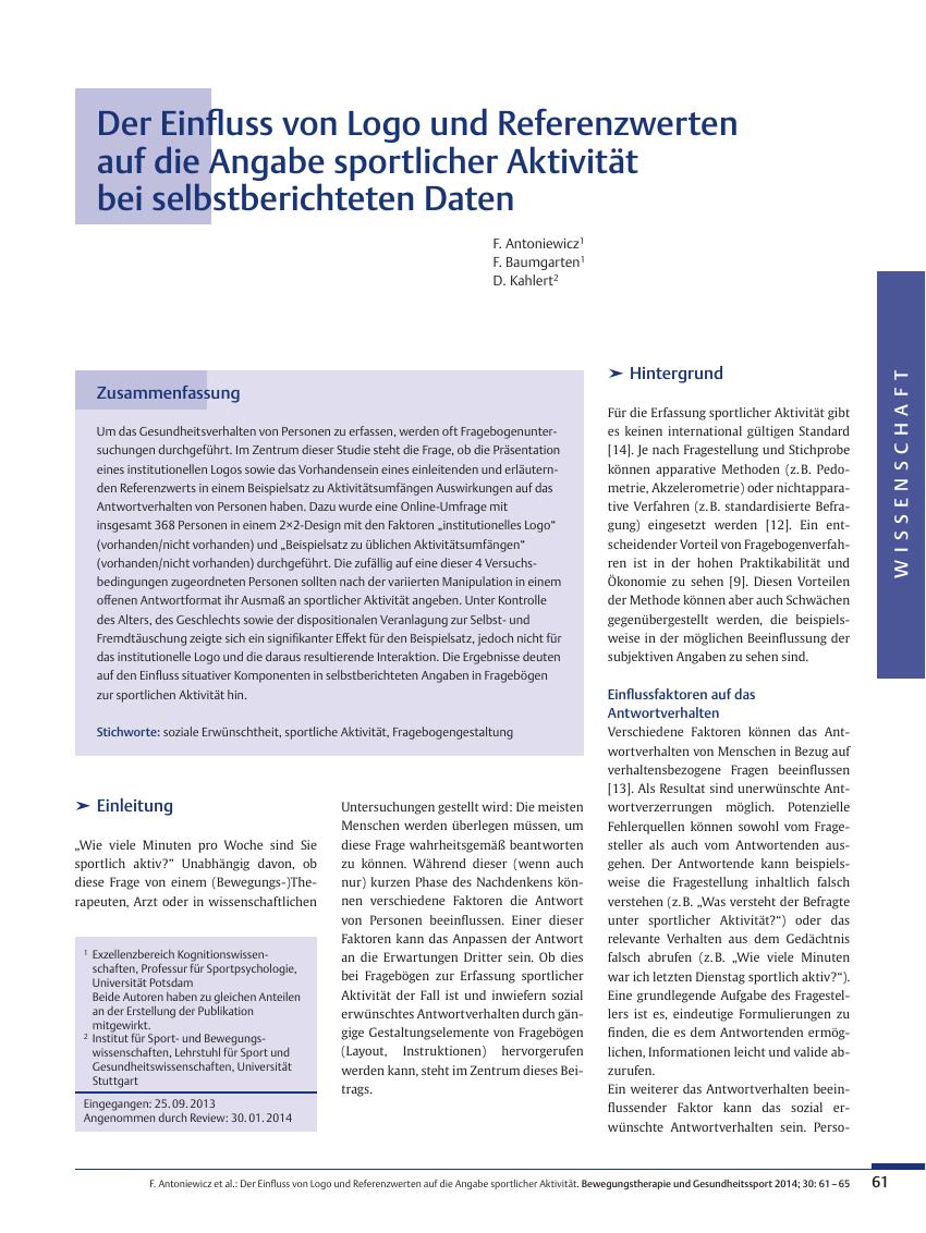 Vorschauseite 1: Der Einfluss von Logo und Referenzwerten auf die Angabe sportlicher Aktivität bei selbstberichteten Daten