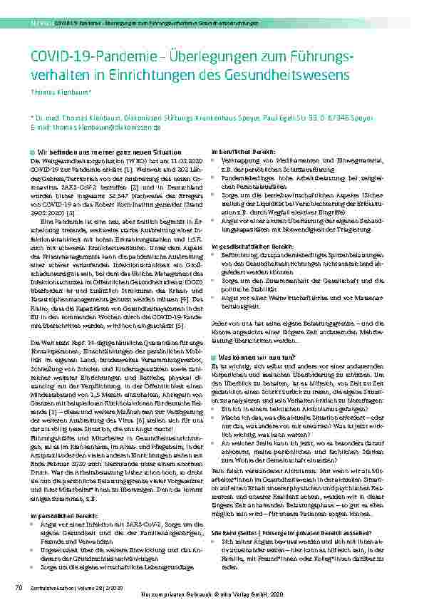 Vorschauseite 1: COVID-19-Pandemie – Überlegungen zum Führungsverhalten in Einrichtungen des Gesundheitswesens