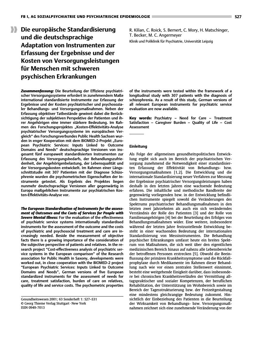 Vorschauseite 1: Die europäische Standardisierung und die deutschsprachige Adaptation von Instrumenten zur Erfassung der Ergebnisse und der Kosten von Versorgungsleistungen für Menschen mit schwer…