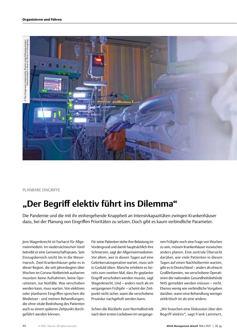 Vorschauseite 1: Planbare Eingriffe: „Der Begriff elektiv führt ins Dilemma“