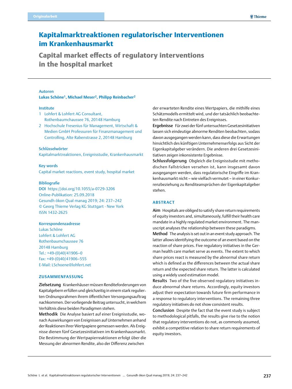 Vorschauseite 1: Kapitalmarktreaktionen regulatorischer Interventionen im Krankenhausmarkt