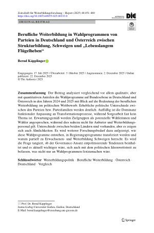 Vorschauseite 1: Berufliche Weiterbildung in Wahlprogrammen von Parteien in Deutschland und Österreich zwischen Strukturbildung, Schweigen und „Lebenslangem Flügelheben“