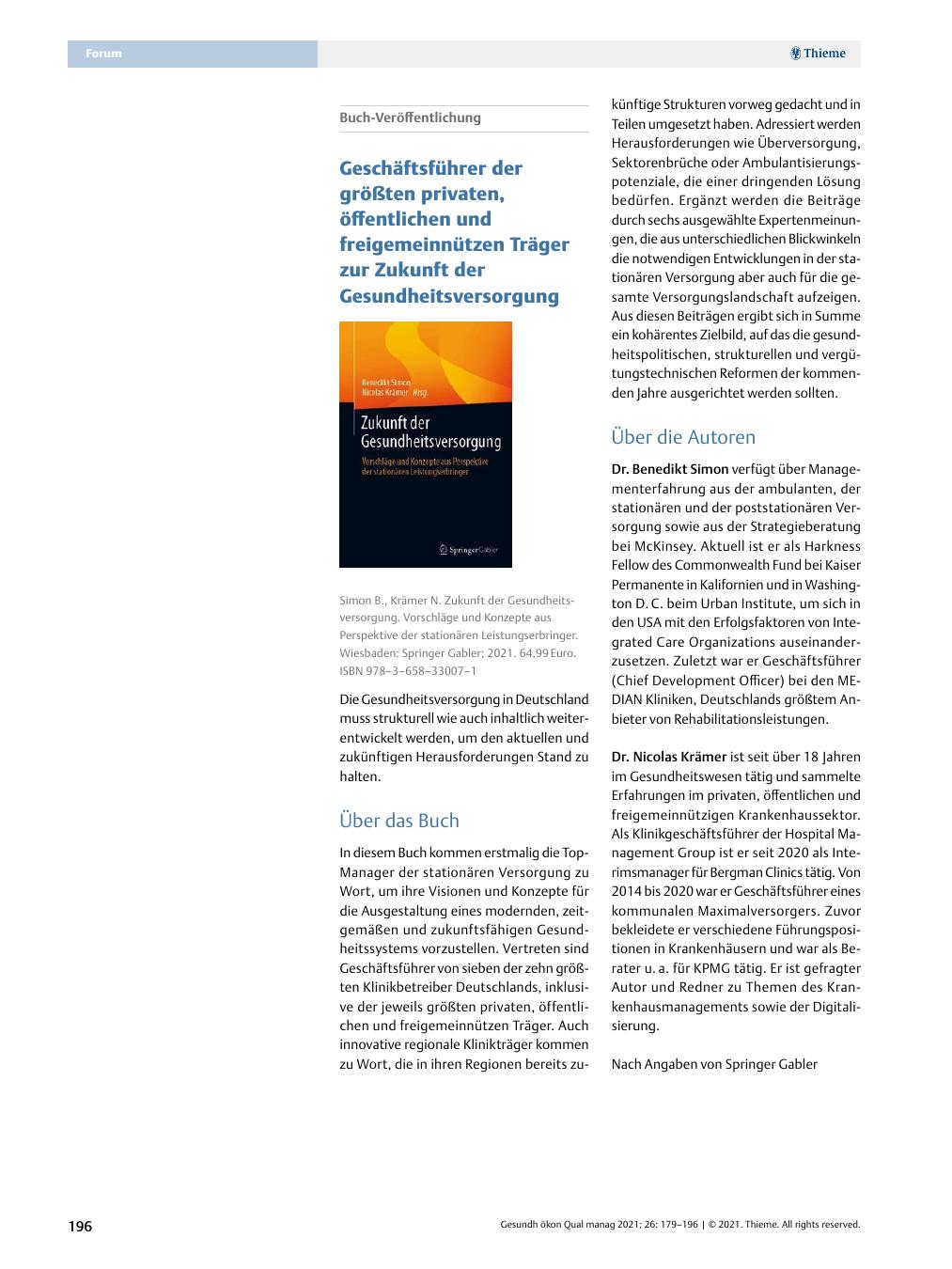 Vorschauseite 1: Buchveröffentlichung - Geschäftsführer der größten privaten, öffentlichen und freigemeinnützigen Träger zur Zukunft der Gesundheitsversorgung